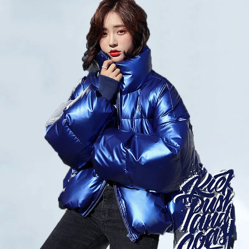 

Winter Short Women's Down Jacket Stand Collar Zipper Long Sleeve Warm Women's Winter Jackets Solid Color Glossy Bread Parka Coat