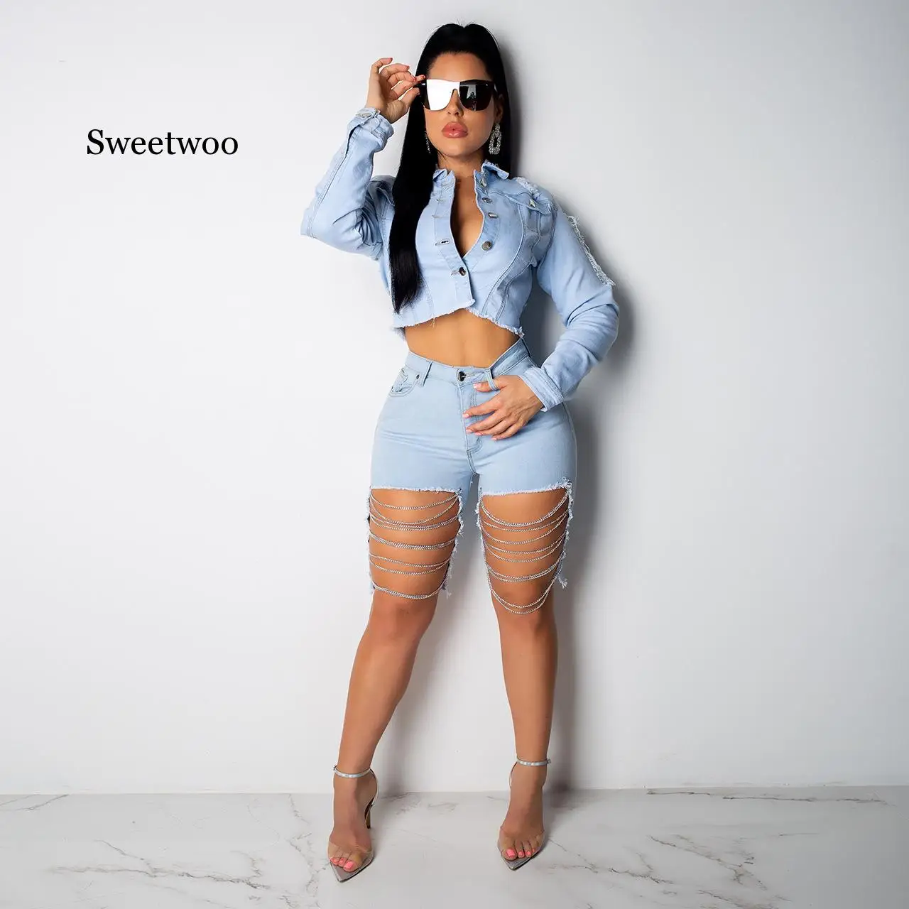 New Women Summer Streetwear Chain Hollow Out Black High Waist Knee Length Pants Light Denim Jeans Skinny Short Pants