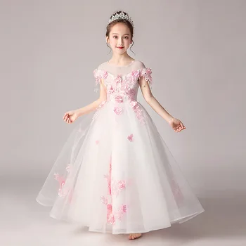 

ew Princess Lace Dress Kids Flower Embroidery Dress For Girls Vintage Children Dresses For Wedding Party Formal Ball Gown