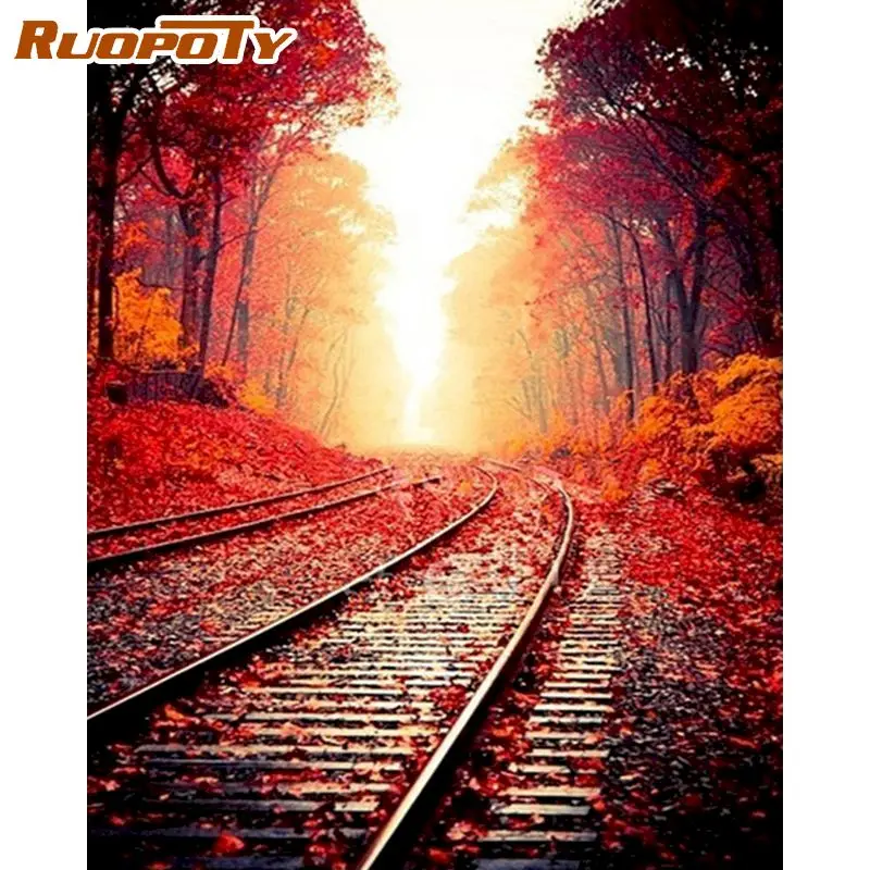 

RUOPOTY Frame Railway Landscape Canvas Painting by Numbers Kits Acrylic Wall Art For Home Decor Handmade Painted