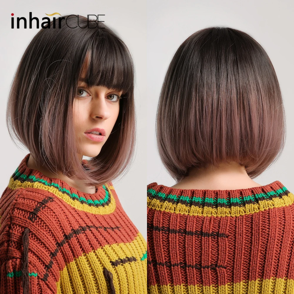 Inhaircube Bobo Straight Ombre Hair Synthetic Wigs with Bangs Heat Resistant Brown Purple Light Golden Wig Free Shipping |