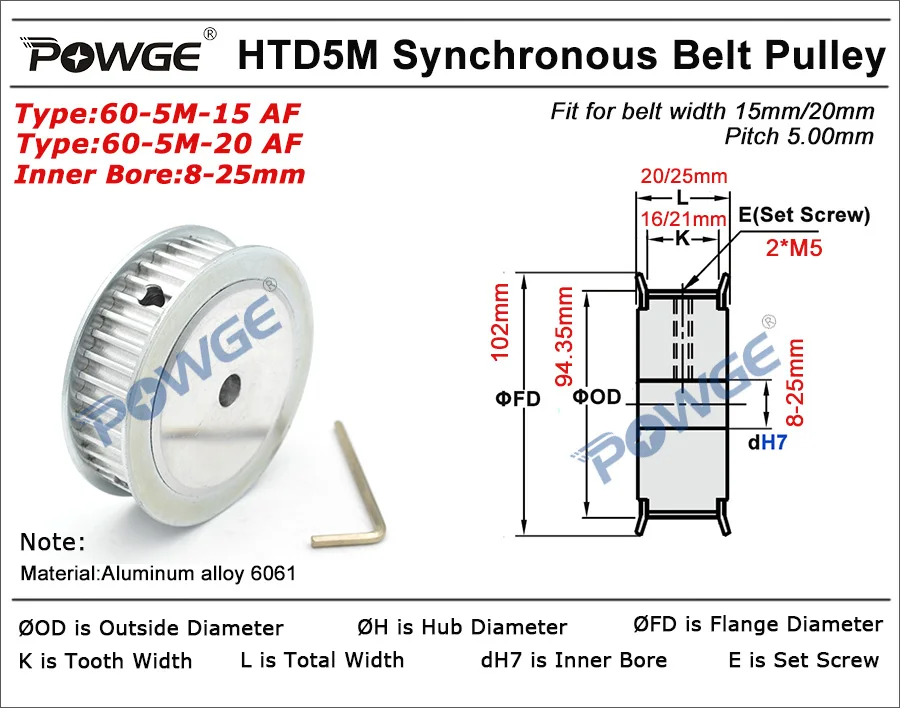 HTD 5M Synchronous Pulley Strong and Sturdy 60 Teeth 5M Timing Pulley Bore 10-25mm Qingn-Timing Belt Pulley Bore Diameter : 60T 15mm x 20T 12mm Fit Width 15mm HTD 5M Timing Belt 60T 60Teeth 