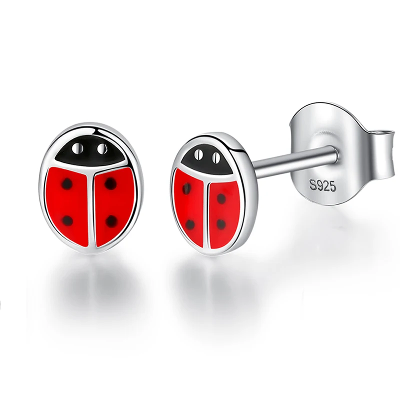 Fashion 925 Sterling Silver Stud Earrings with Red Enamel Cute Animal Ladybug for Childs Kids Lovely Jewelry Gift | Украшения и