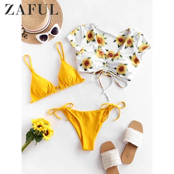 

ZAFUL Sunflower Floral Cinched Tie Side Three Piece Swimsuit Women Triangle Bikini Spaghetti Straps Padded String Bikini Sets