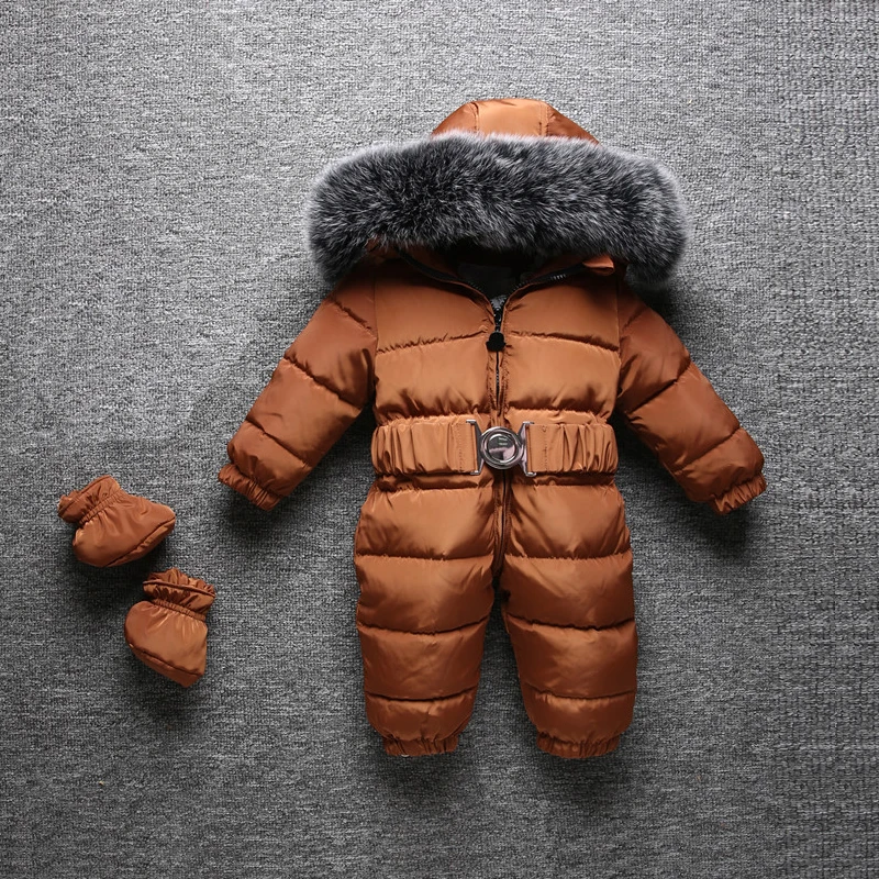 Теплые Комбинезоны для маленьких мальчиков, зимний комбинезон с меховым капюшоном, Детские Пуховые комбинезоны для новорожденных девочек, зимняя одежда для малышей - Цвет: Fox Brown