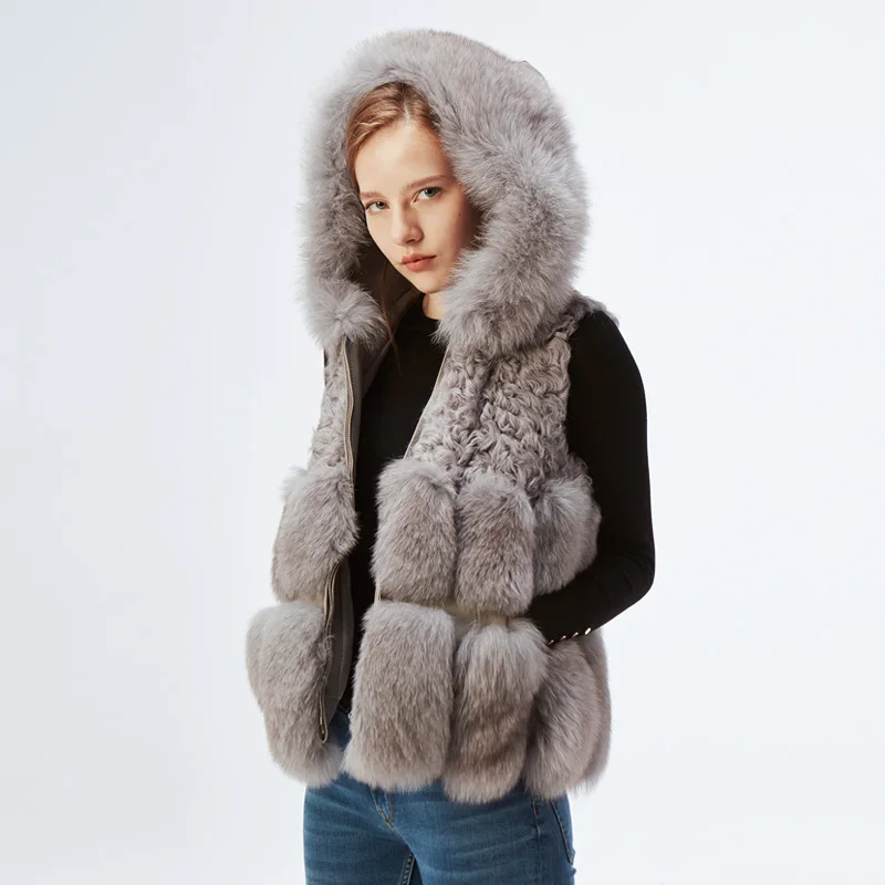 

NEW Design Women Hooded Real Fox Fur Vest Thick Autumn Winter Full Pelt Fox Fur Gilet Genunie Fur Jacket Waistcoat with fur hood