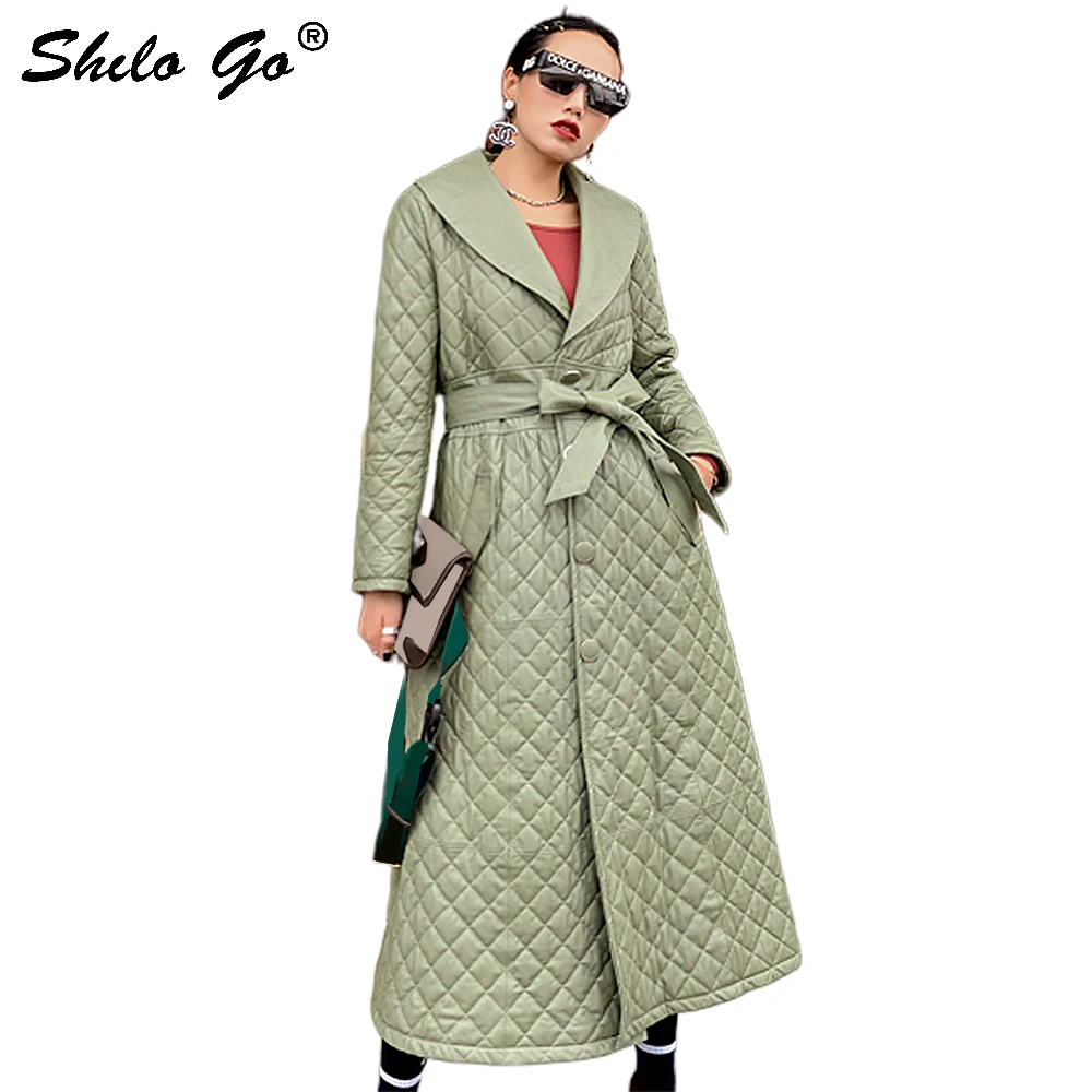 

Genuine Leather Trench Elegant Notched Neck Wrap Waist Button Front Sheepskin A Line X-Long Coat Women Thermal Padded Outwear