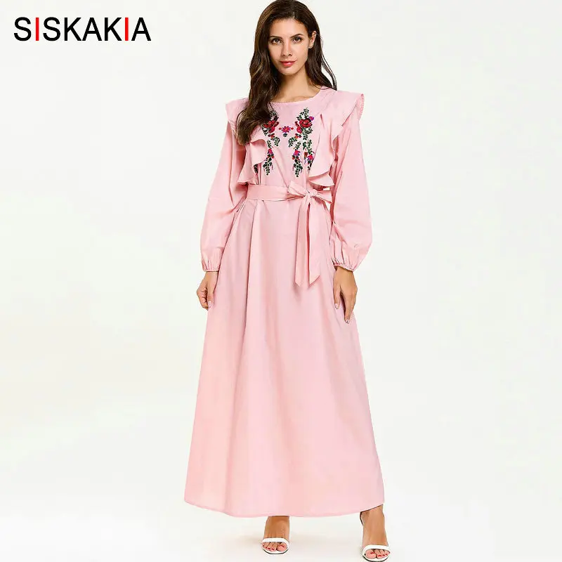 Siskakia/одинаковые платья для мамы и дочки; длинное розовое платье с милыми оборками в стиле пэчворк с вышивкой; мусульманское Повседневное платье макси размера плюс