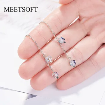 

MEETSOFT 925 Sterling Silver Prevent Allergy Drop Earrings for Women Trendy Design Long Gradient Cube Jewelry Gift