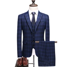 

New Brand 2021 Solid Blue Plaid Luxury Fashion Jacket Vest Trousers Men's Suit Business Casual Suit Three Piece Best Man's Dress