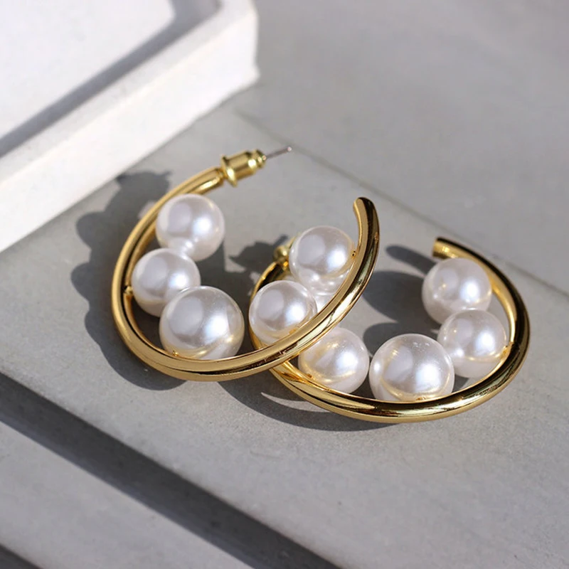 Новая мода имитация жемчуга Круглый толстый круг серьги для женщин Bijoux позолоченный металл массивные серьги-кольца имитация