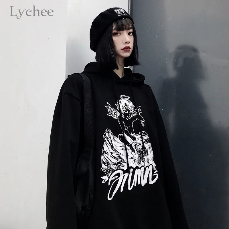 Lychee Harajuku Dark Angel Женская флисовая толстовка с капюшоном, повседневные свободные женские толстовки с капюшоном, весенне-осенние дамские свитшоты с капюшоном