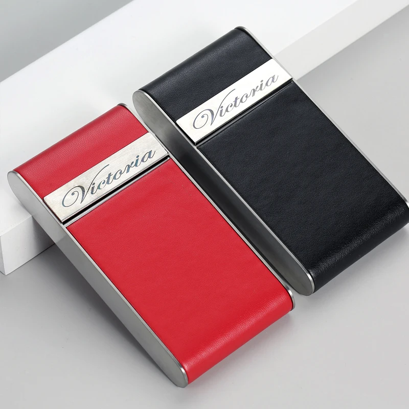 Elegant Red and Black Slim Cigarette Case - Stainless Steel with PU Leather Finish, Personalized Logo Option, Stylish Smoking Accessory