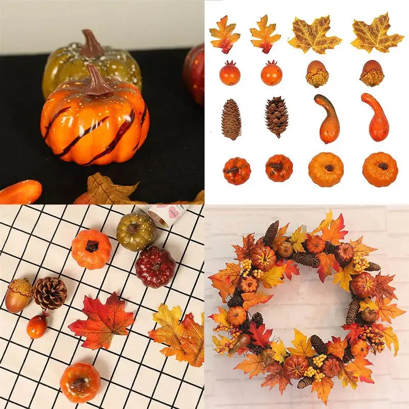 16pcs Halloween Fruit Prop Set Simulation Artificial Pumpkin Fall Maple Leaf Garland for Thanksgiving Halloween Home Decoration
