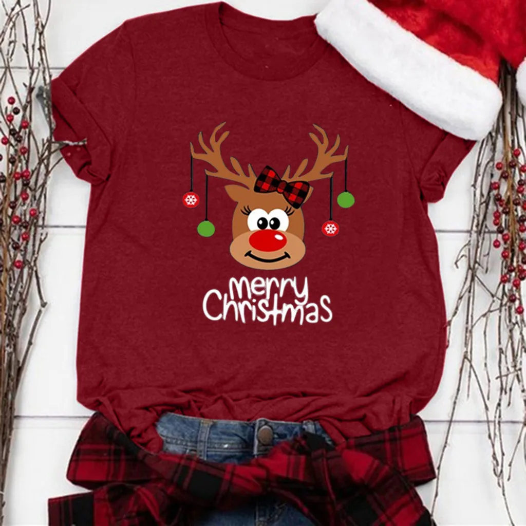 Женская футболка с надписью Merry Christmas Elk Повседневная коротким рукавом и рисунком