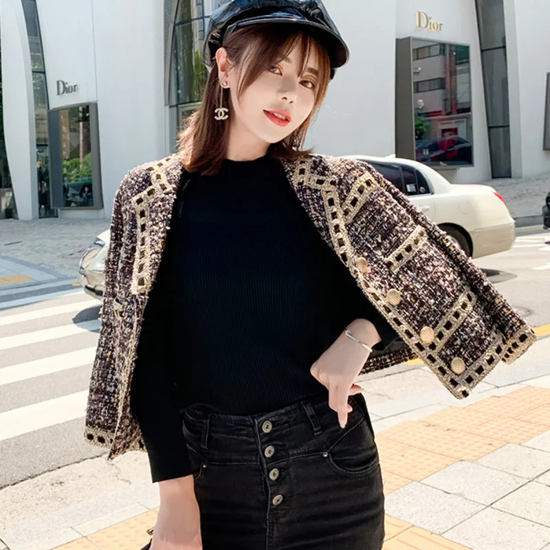 

Korean Fashion Women Crop Top Short Tweed Jacket Single Breasted Office Ladies Elegant All-match Outwear Coat Chaqueta Mujer