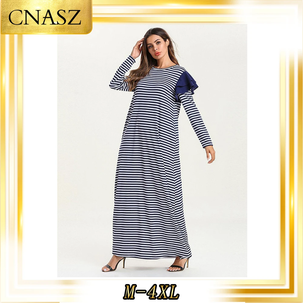 Abaya Turkish Large Size Female Autumn Print Striped Ruffled Decorative Musulmane Femme Long Sleeve Thin Section Muslim Dress |