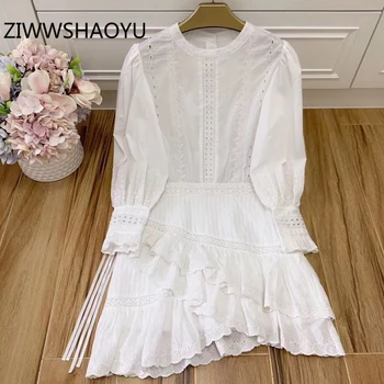 

ZIWWSHAOYU Female Fashion Summer Bohemian Holiday Mini Dresses Women Lantern Sleeve Ruffles White Cotton Short Dress Vestidos