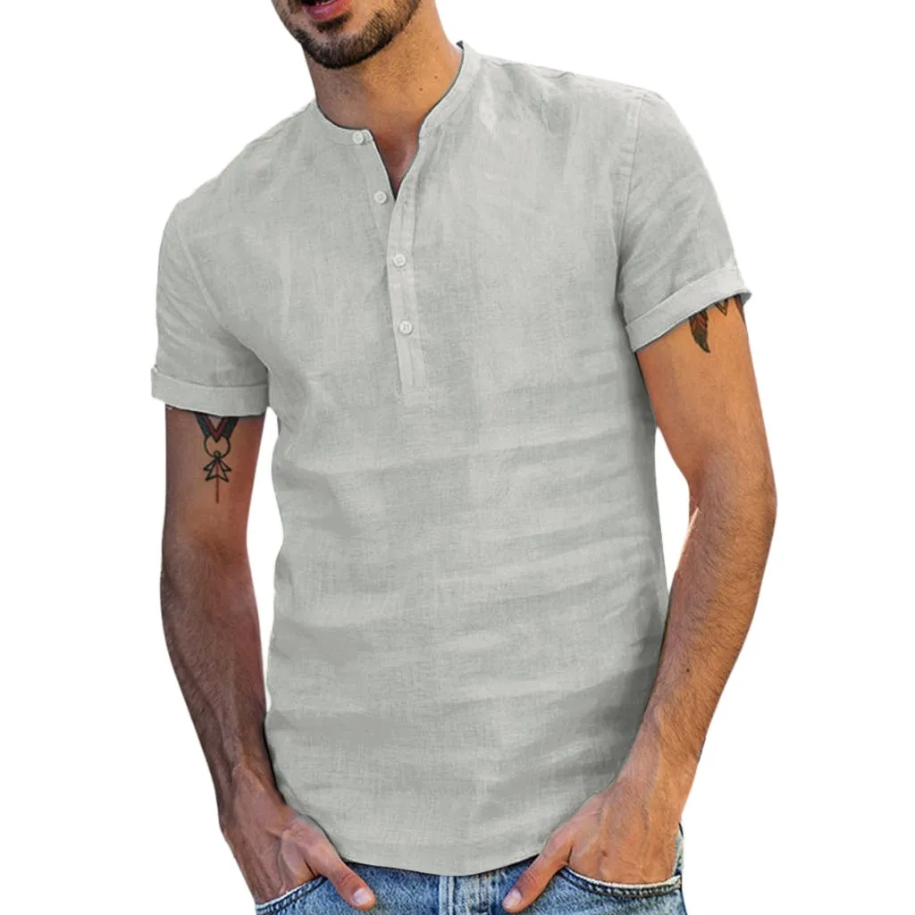 

feitong Men's shirt Summer Baggy Cotton Blend Solid Color Short Sleeve Shirts Tops Blouse Men hawaiian shirt camisas hombre 2019