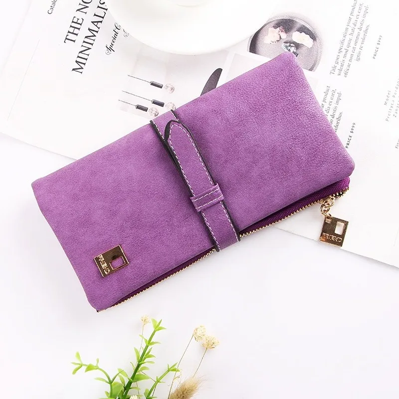 Famous Brand Long Purse Two Fold Women Wallets Drawstring Nubuck Leather Zipper Suede Wallet Ladies carteira Feminina Clutch Bag