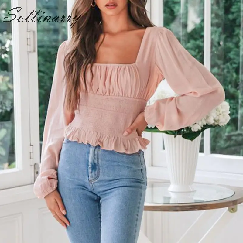 Goedkoop Sollinarry Streetwear Herfst Crop Tops Blouse Vrouwelijke Hoge Taille Twist Ruffle Winter Blouses Vrouwen 2019 Chic Shirts Top Plus Size