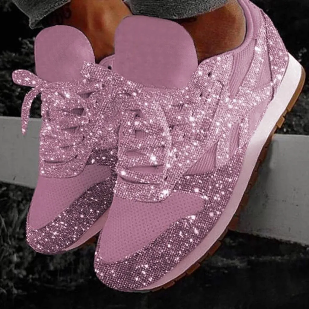 Women Shoes Crystal Bling Lace Up Sport Shoes Sneakers Platform Shoes Ladies Footwear Breathable Mesh Sneakers zapatos de mujer - Цвет: Pink