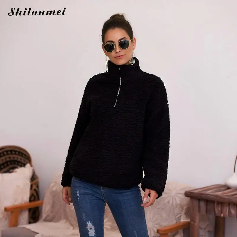 

Zipper Stand Collar Pullovers Hoodies Women 2019 Autumn Fleece Casual Sweatshirs Winter Warm Plush Female Coat Teddy Pullover
