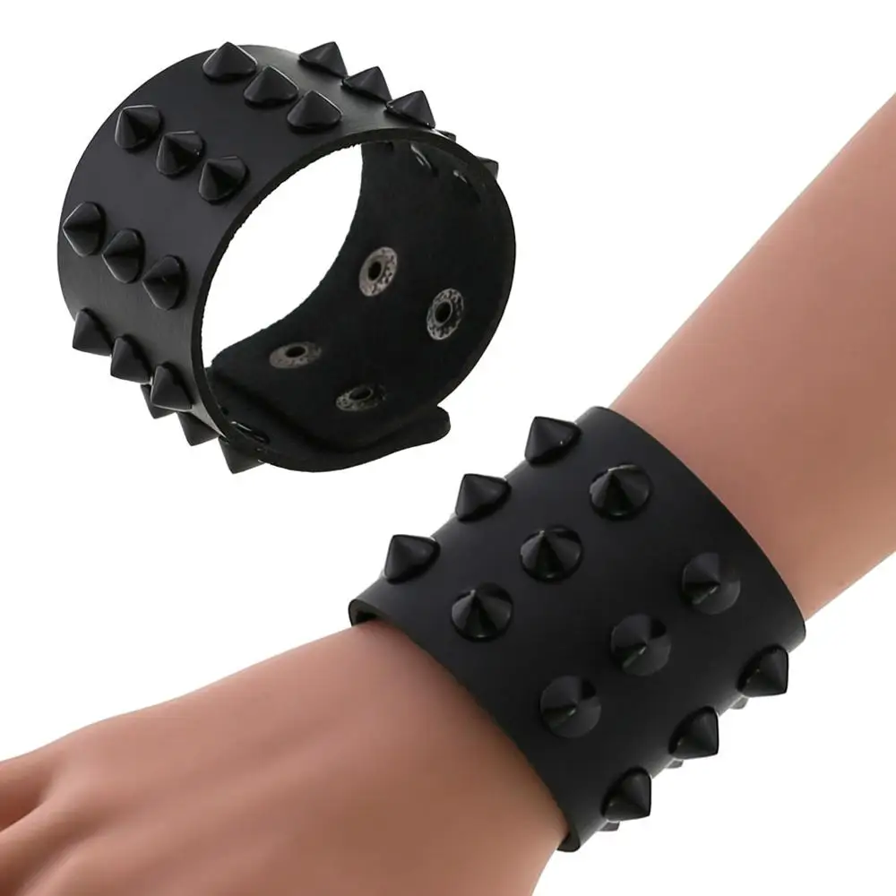 Unisex Eyelet Studded Real Leather Cuff Bracelet Gothic Rock Wristband Bangle 
