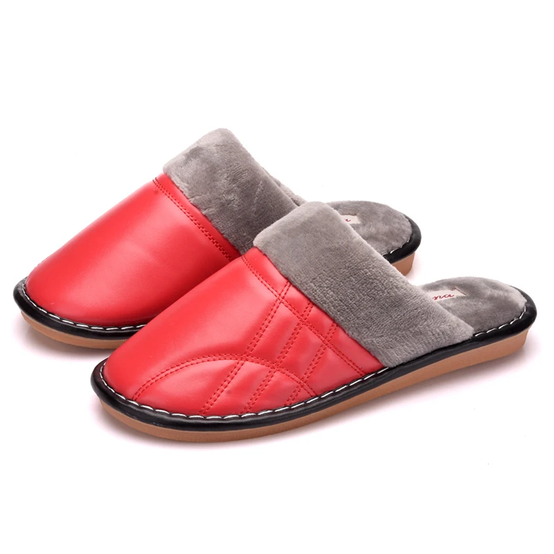 

2018 New Genuine Leather Home Slippers High Quality Women Men Slippers Plush Warm Indoor Shoes Men Women Size