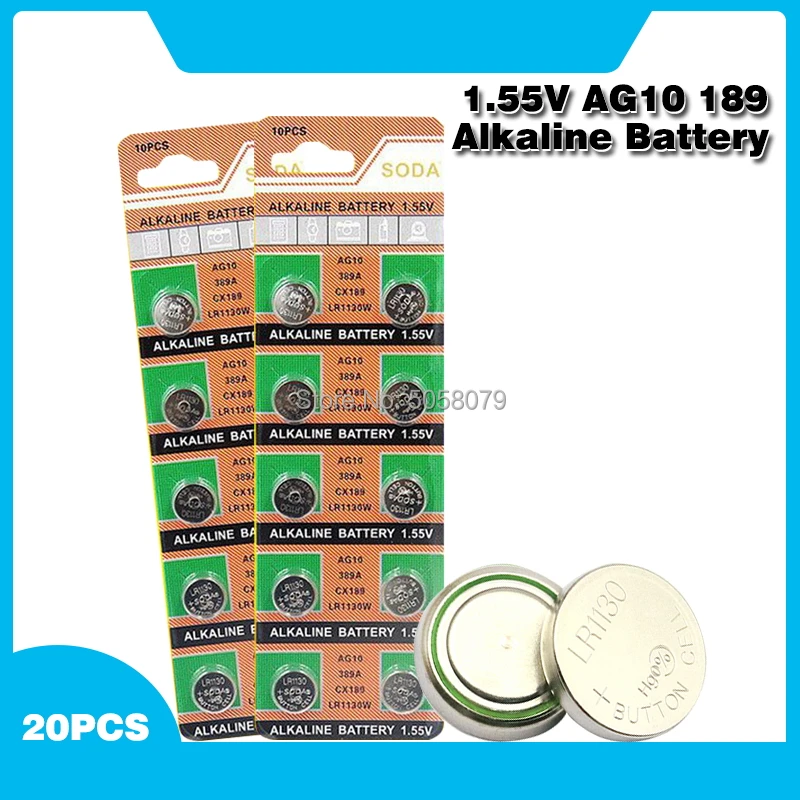 20 piezas 1,55 V AG10 LR1130 pilas alcalinas batería AG 10 SR54 189 389 SR1130 L1131 G10A pilas de botón para relojes Juguetes