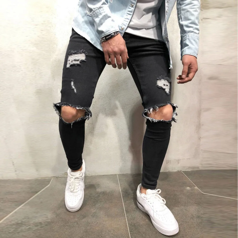 Otoño hombres Skinny Stretch Denim Pantalones rotos de Freyed agujero cinta Slim Fit pantalones vaqueros ceñidos Pantalones Hombre #40