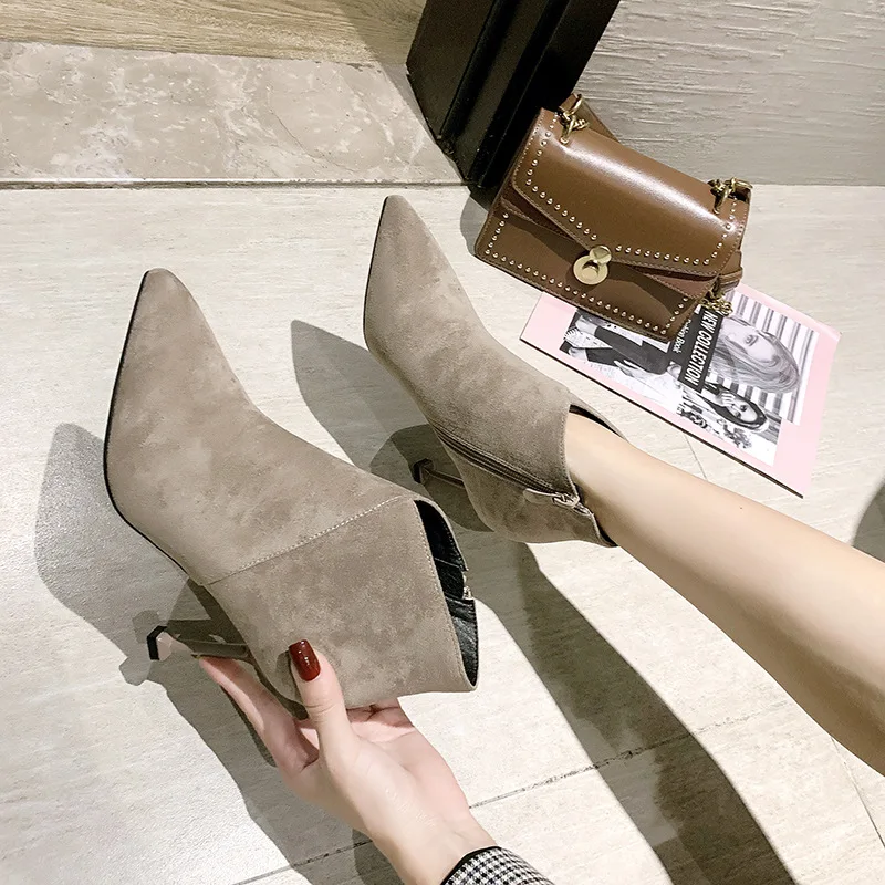 

6638-3 Short Boots Women's Pointed Toe Thin Heeled 2019 Autumn & Winter New Style High-Heel Slimming Martin Boots Elegant-Versat