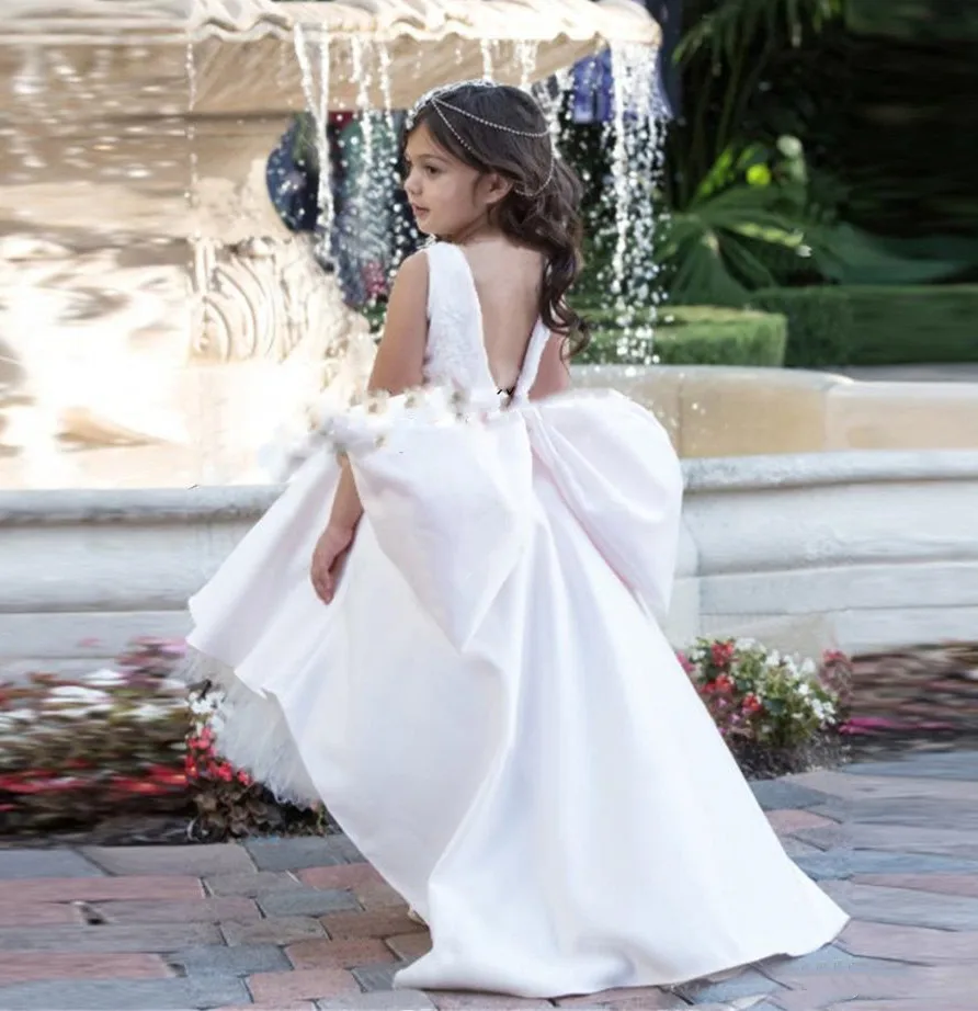 White Puffy Girls Pageant Gowns High Low Open Back Big Bow Flower Girl Dresses For Wedding Jewel Children Communion Dress | Детская