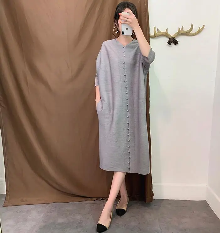 Miyake Плиссированное Платье Новые Осенние однобортные Длинные платья