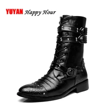 Осенне-зимние сапоги в байкерском стиле модная зимняя теплая обувь из мягкой кожи мужские ботинки мужские брендовые ботинки до середины икры черного цвета K079