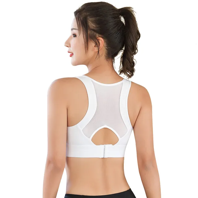 Sport Fitness Bra Woman Push Up Wirefree Adjustable Buckle Mesh Splice Breathable Nylon Gym Yoga Running Underwear Sports Bra White