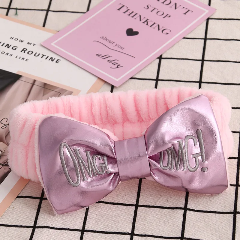 pink PU hairband Лидер продаж, женские повязки на голову omg, повязка для макияжа, эластичная бархатная повязка на голову с бантом, коралловый флис, модные аксессуары для волос для девушек - Цвет: pink PU hairband