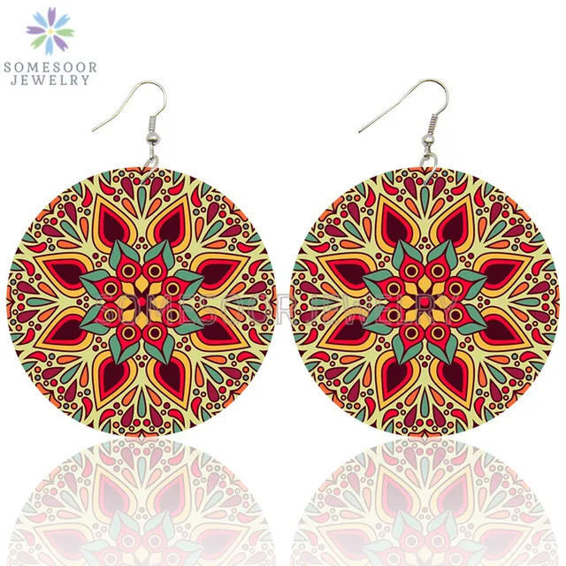 SOMESOOR Vintage Bohemian Flower Wooden Drop Earrings African Ethnic Beautiful Loops Pendant Dangle Jewelry For Women Gifts Both Sides Print 2
