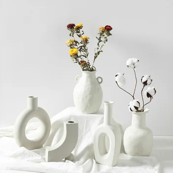 

Nordic Ceramic Flower Vase Home Ornaments White Vase Tabletop Flower Pot Flowerpot Home Living Room Porch Decorations Craft Gift