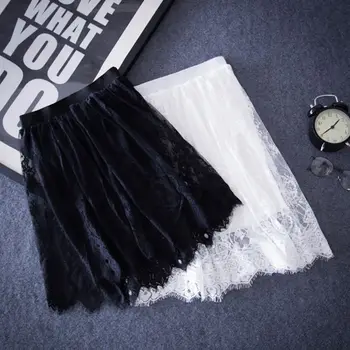 

Coslony Women Hollow Out Sheer Floral Lace Elastic Waistband Midi Overlay Flare Skirts Solid Color Pleated Eyelash Trim Wedding