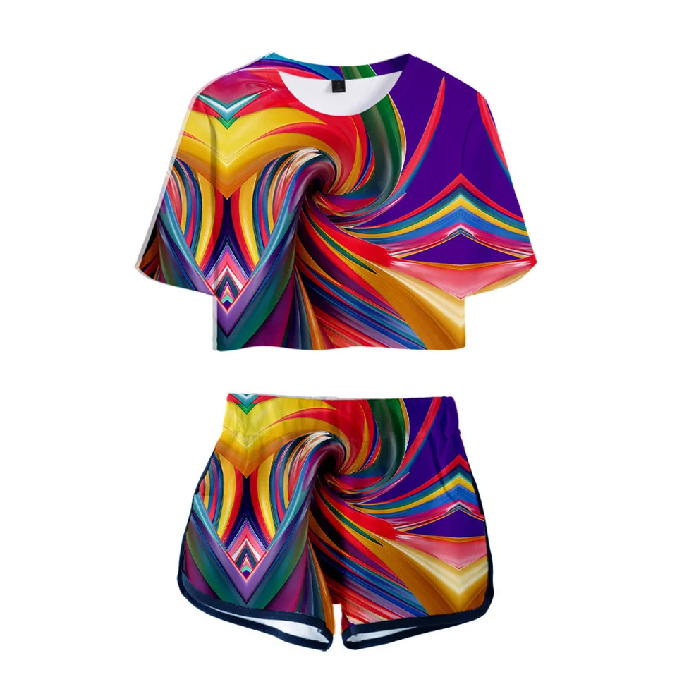 

Tie Dye Fashion Two Piece Sets Women Colorful Psychedelic Exposed Navel T-shirt and Shorts Women Crop Top Clothing