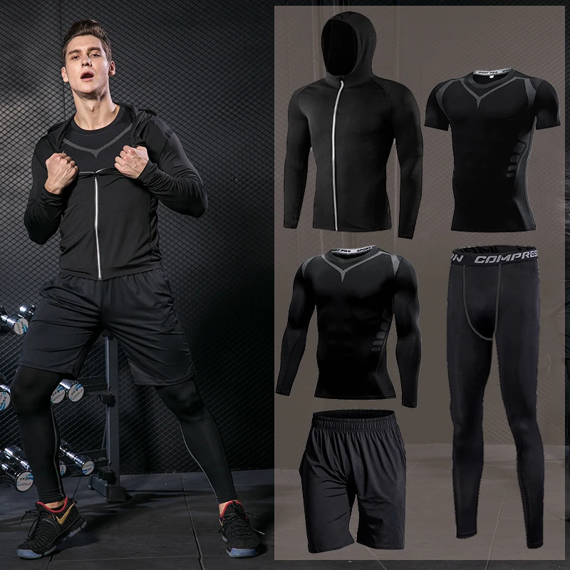 Goedkoop Gym Running Set mannen Trainingspak Jogging Compressie Sportkleding voor Mannen Fitness Sport Kleding Strakke Sport Kleding Set Hoodies