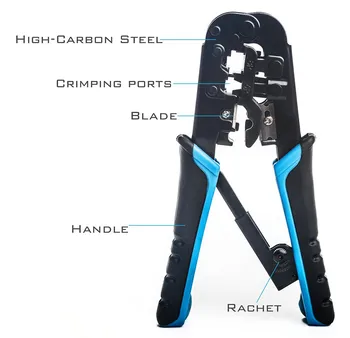

NewRJ45 and RJ12, RJ11 Crimping Tool Network Ratcheting Wire Crimper, Cutter, Striper for Cat5, Cat6 Coaxial Cables - All in one