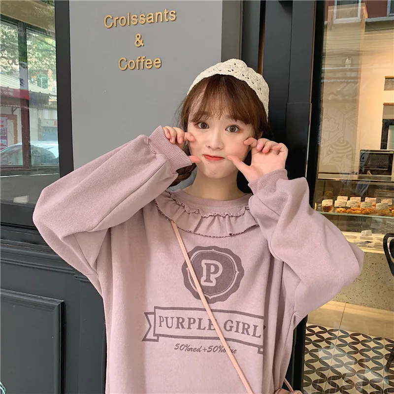 

Autumn 2019 new vintage French lace crepe print loose BF style student long sleeve hoodie for women