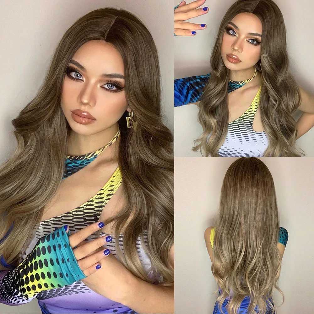 HENRY MARGU Dark Brown Wave Wigs Long Synthetic Wavy Natural Hair Temperature Wigs For Black/White Women Daily Cosplay Wigs