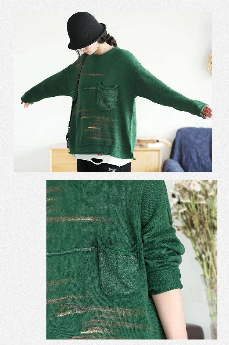 Autumn Sweater Women Retro Loose Knitting Casual Pullovers New Ladies Tops O-Neck Pocket Pocket All-match Sweater