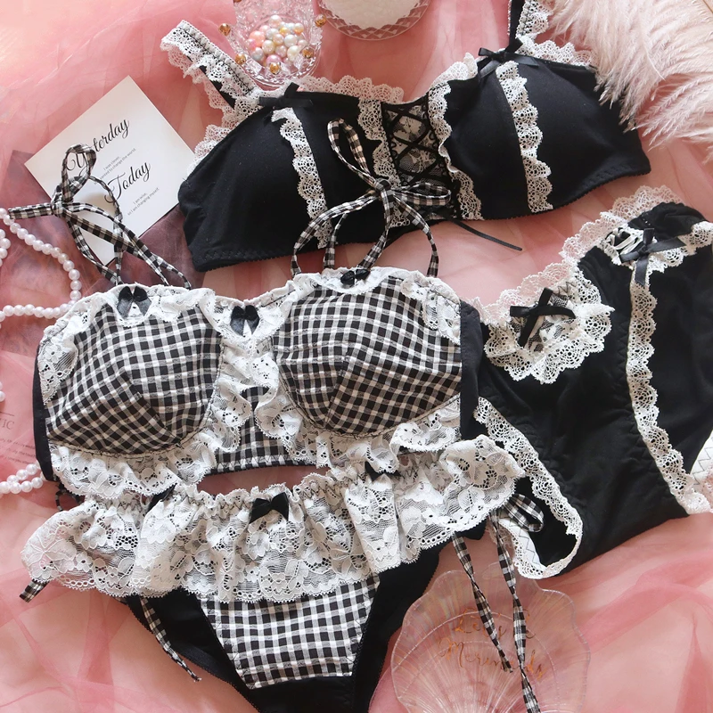 

Lolita soft sister dark maid style my melody sexy sweet bralette small chest no steel ring cute underwear Japanese girl bra set