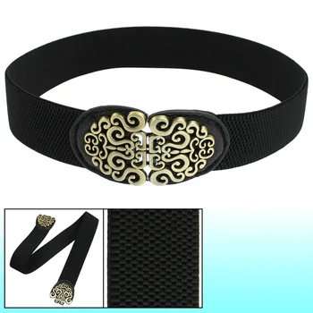 

LJL-Bronze Tone Spiral Accent Buckle Closure Women Black Stretch Waist Belt
