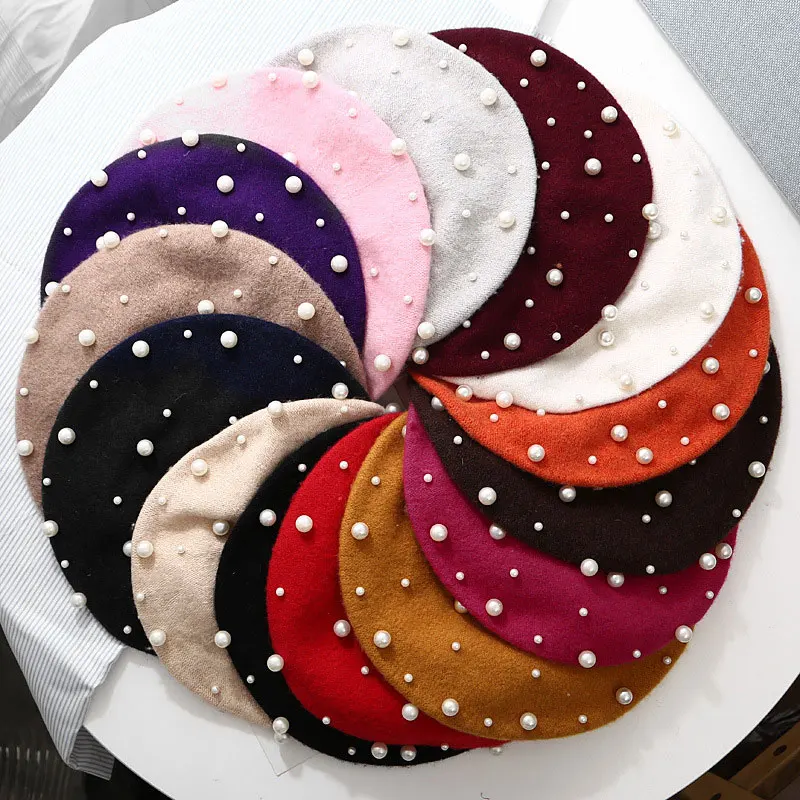 

Female Wool Women Winter Berets Luxury Pearl Rivet Vintage Cashmere Warm Elegant Beret Hats Girls Flat Cap Beret Red Pink Black