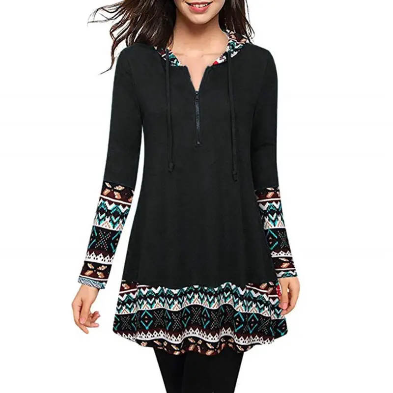 

2019 Fashion Autumn Print Pullover Thick Loose Women Patchwork Long Hoodies Sweatshirts Female Casual Coat Black Blue Hooded